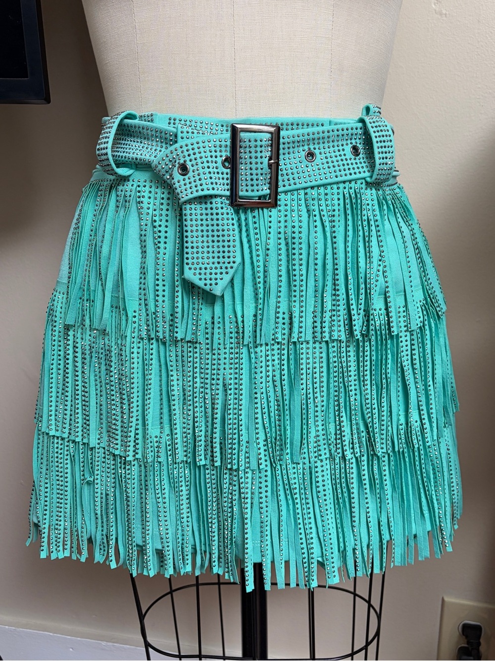 Fringe studded Mini Skirt with Belt — Turquoise